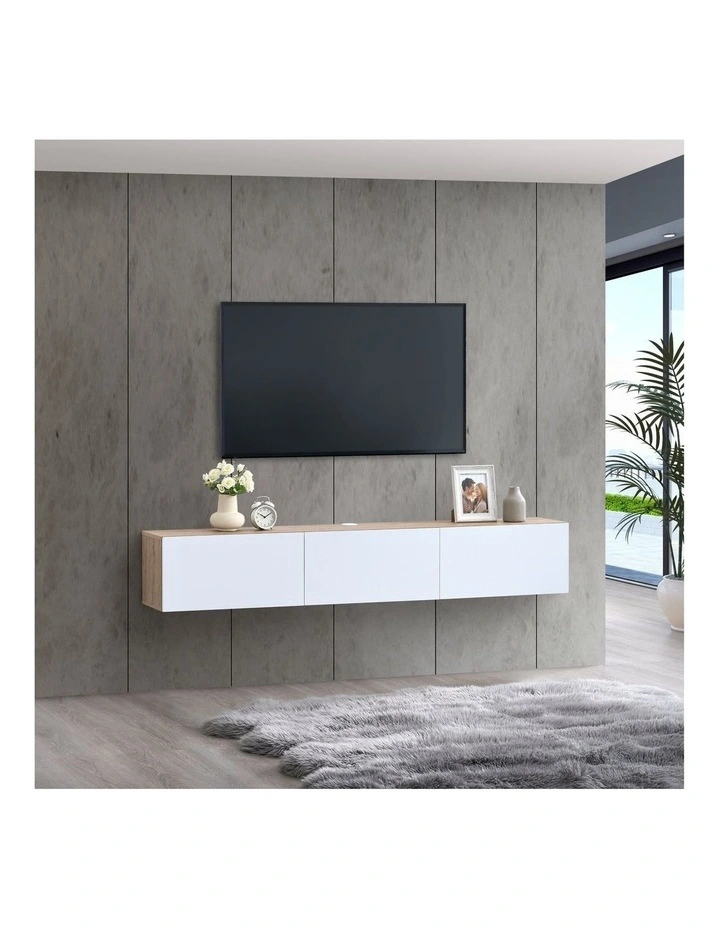 Tierra Wall Mount Entertainment TV Unit Floating 3 Doors 180cm White and Oak image 3