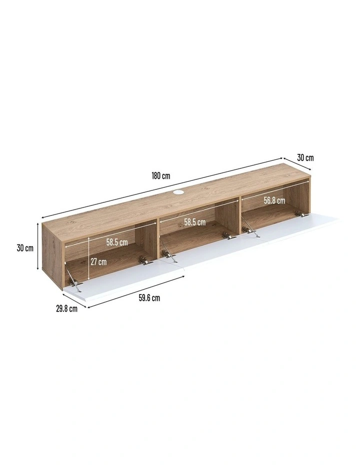 Tierra Wall Mount Entertainment TV Unit Floating 3 Doors 180cm White and Oak image 7