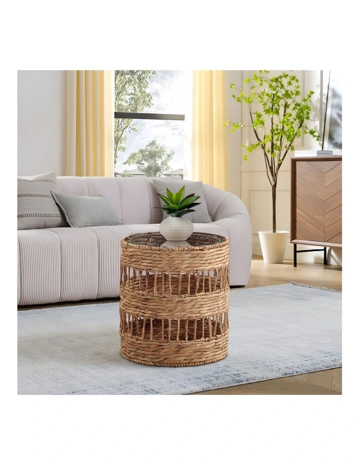 Heather Side Table Bedside Round Glass Top Woven image 2