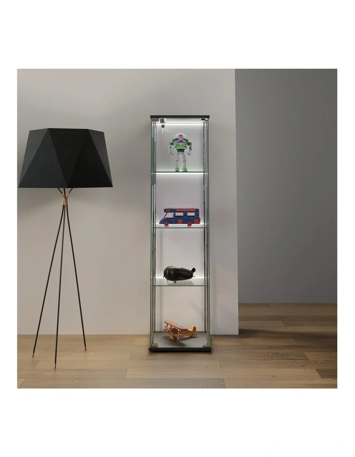 West Glass Display 4 Tier Cabinet Trophy Display Storage Shelf 1 Door Lock LED lights Black image 3
