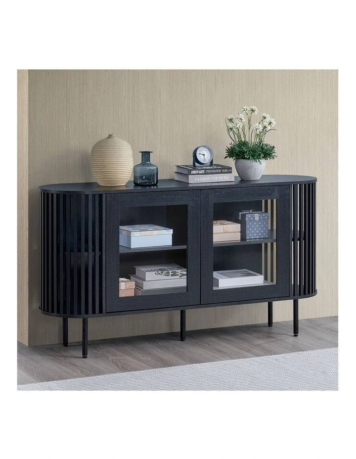 Lenora Buffet Unit Sideboard Credenza Cabinet 148cm 2 Doors Slat Black image 3
