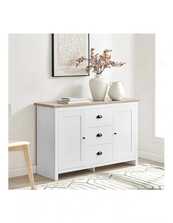 Hampton Buffet Sideboard 2 Doors 3 Drawers Storage Cupboard Cabinet White and Oak image 3
