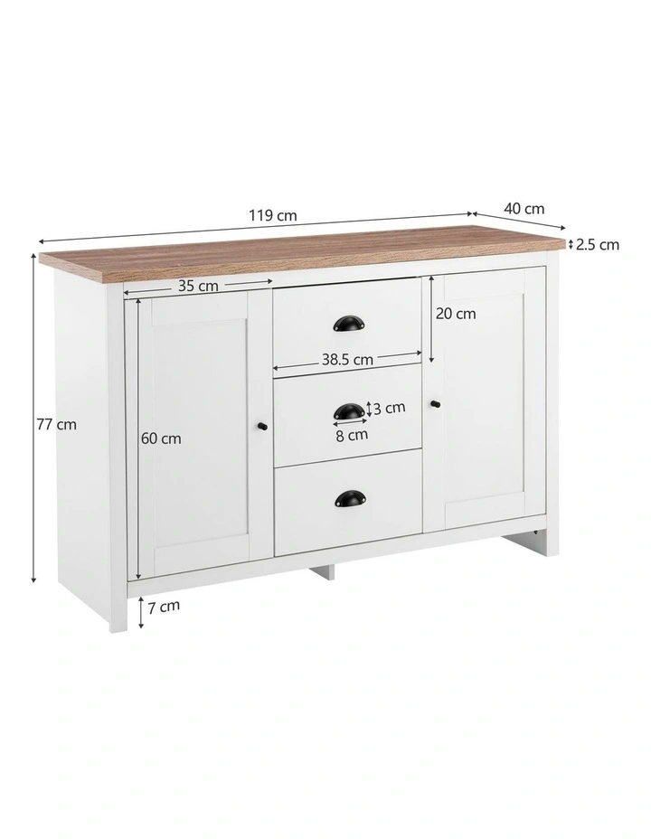 Hampton Buffet Sideboard 2 Doors 3 Drawers Storage Cupboard Cabinet White and Oak image 6