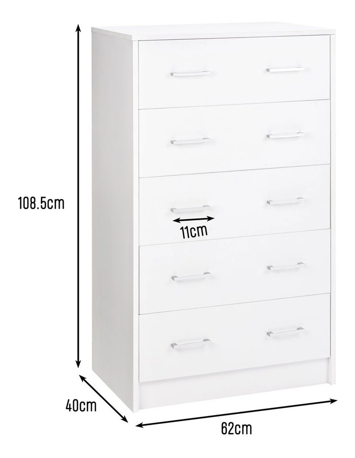 Griffin Chest 5 Drawers Tallboy Storage Dresser Storage Cabinet White image 6