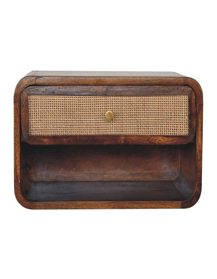 Artisan Furniture Solid Wood Chestnut Wall Mounted Open Woven Bedside, 1 Drawer & 1 Shelf, Brown image 1