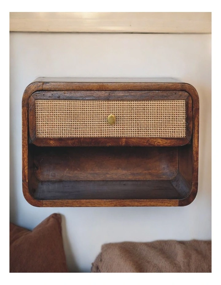 Artisan Furniture Solid Wood Chestnut Wall Mounted Open Woven Bedside, 1 Drawer & 1 Shelf, Brown image 2