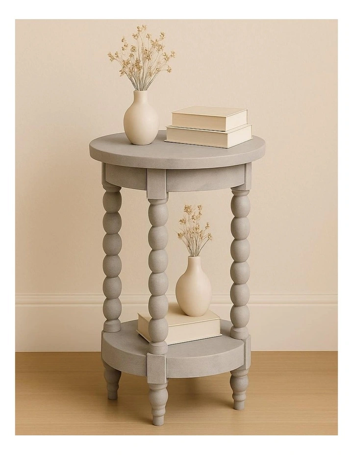 Artisan Furniture Solid Wood Ellsworth Round Side Table in Acid Wash, 1 Open Slot, Grey image 2