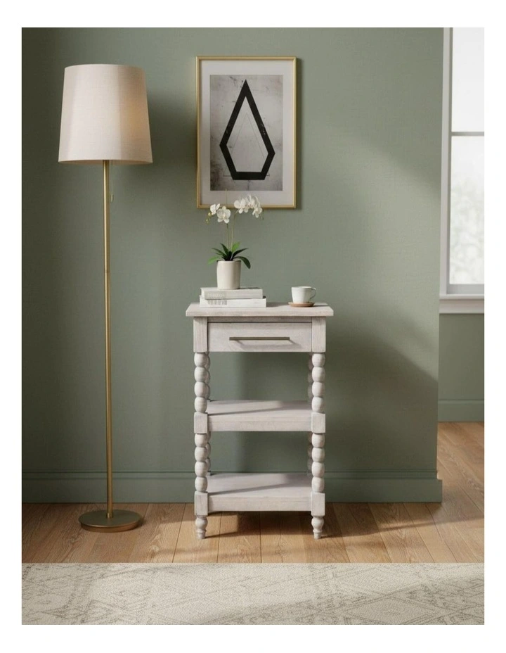 Artisan Furniture Solid Wood Barclay Acid Wash Side Table, 1 Drawer, 2 Shelves, Grey image 2