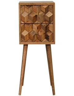 Solid Wood Mini Cube Carved 2 Drawer Bedside in Brown