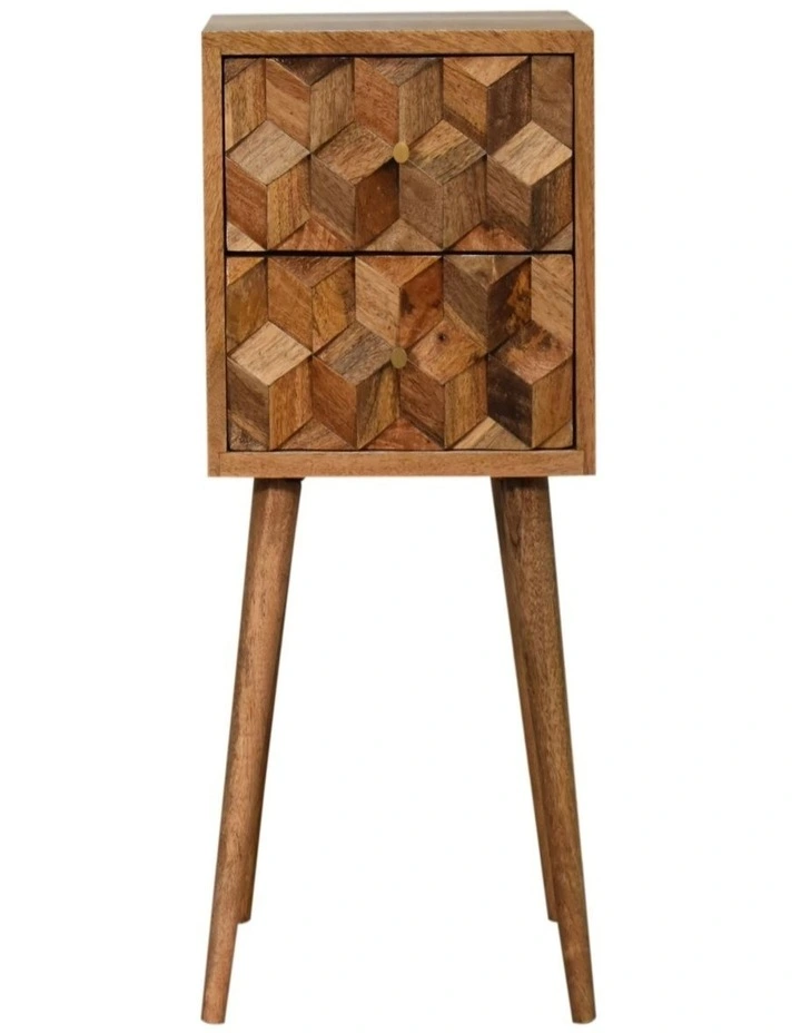 Solid Wood Mini Cube Carved 2 Drawer Bedside in Brown image 1