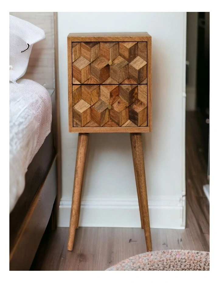 Solid Wood Mini Cube Carved 2 Drawer Bedside in Brown image 2
