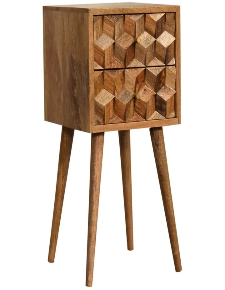 Solid Wood Mini Cube Carved 2 Drawer Bedside in Brown image 3