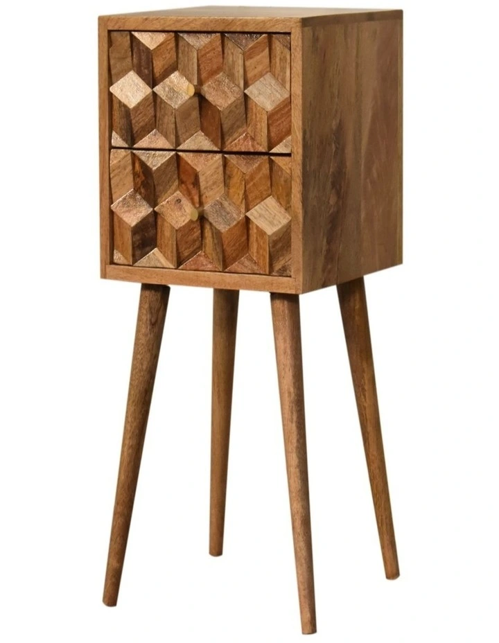 Solid Wood Mini Cube Carved 2 Drawer Bedside in Brown image 4