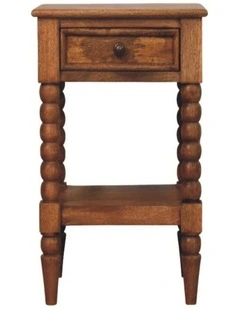 Solid Wood Spindle Bedside Table 1 Drawer, 1 Shelf in Brown