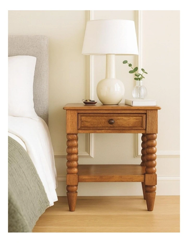Solid Wood Spindle Bedside Table 1 Drawer, 1 Shelf in Brown image 2