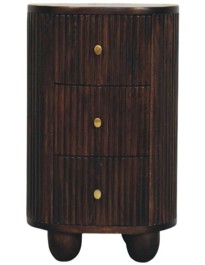 Solid Wood Curved Fluted 3-Drawer Bedside in Dark Brown image 1