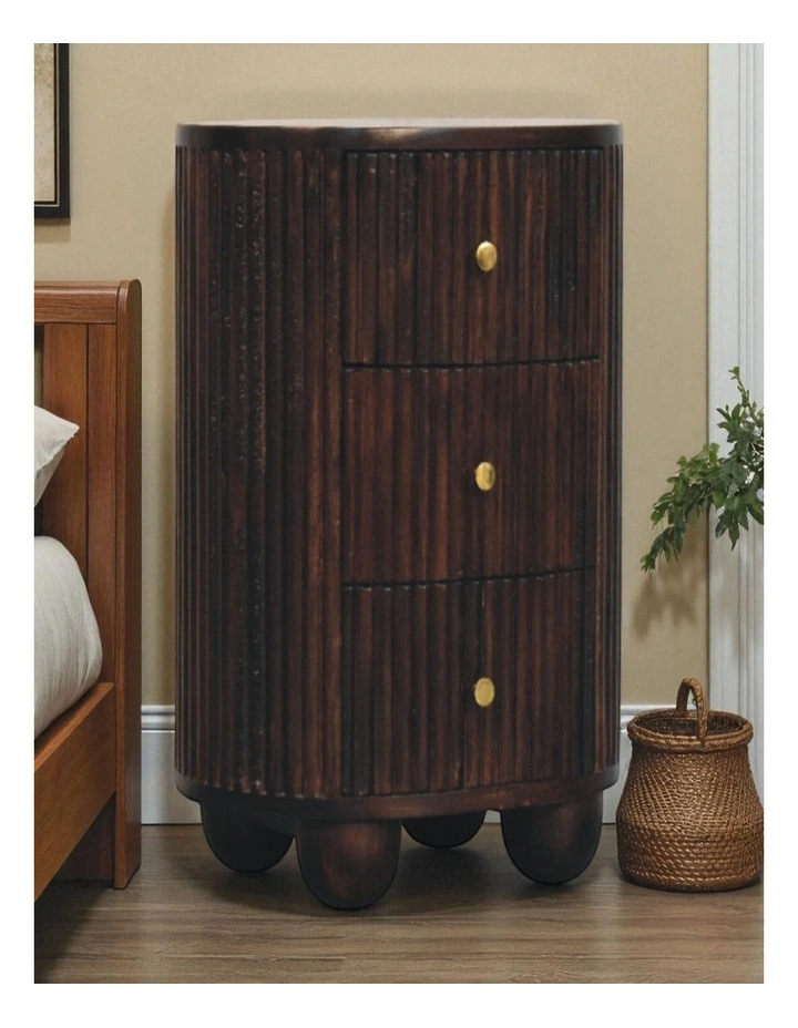 Solid Wood Curved Fluted 3-Drawer Bedside in Dark Brown image 2