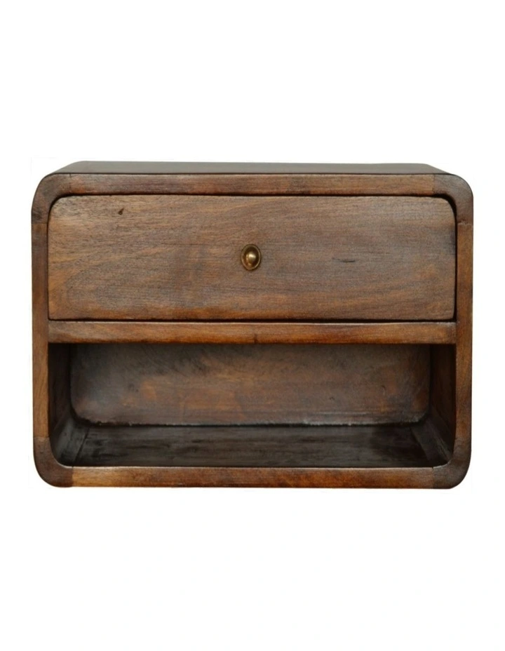 Artisan Furniture Solid Wood Chestnut Curve Floating Bedside, 1 Drawer, 1 Shelf, Dark Brown image 1