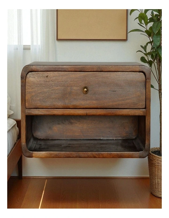 Artisan Furniture Solid Wood Chestnut Curve Floating Bedside, 1 Drawer, 1 Shelf, Dark Brown image 2