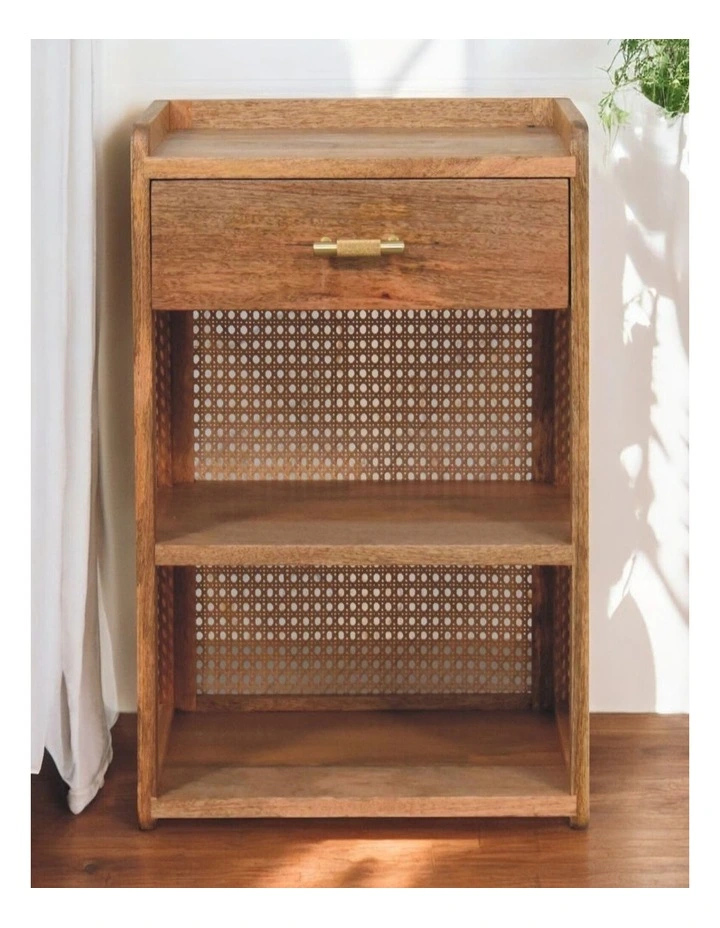 Artisan Furniture Solid Wood Larissa T-Bar Open Bedside, 1 Drawer, 2 Shelves, Brown image 2
