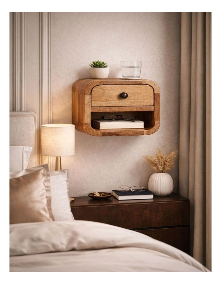 Solid Wood Extra Mini Curved Bedside with Open Slot in Beige image 2