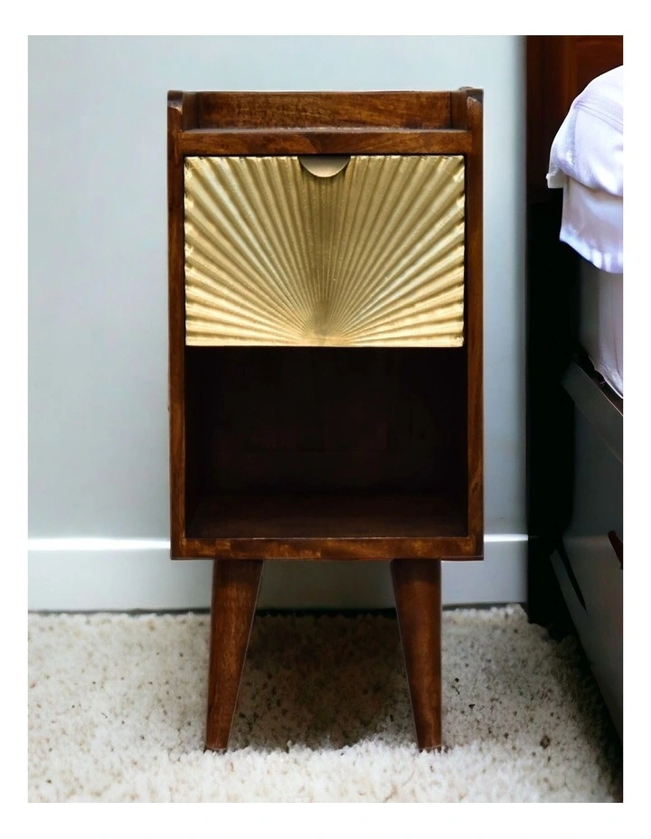 Artisan Furniture Solid Wood Mini Manila Gold 1 Drawer Bedside, 1 Shelf, Brown & Golden image 2