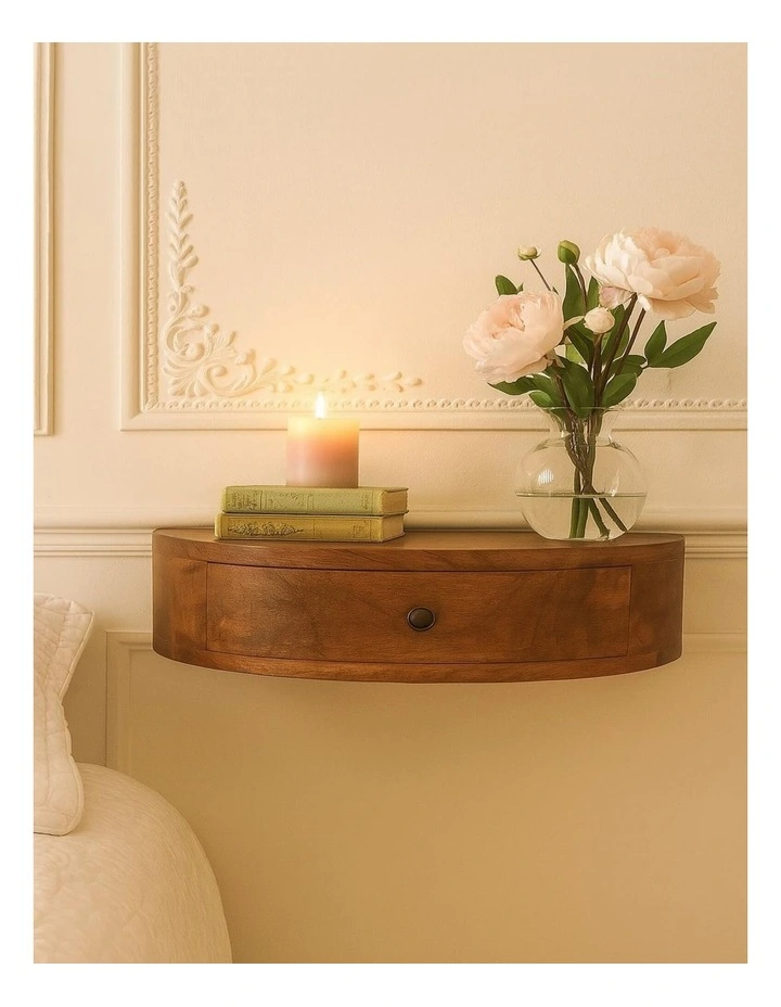 Solid Wood Wall Mounted Rounded Bedside in Brown image 2