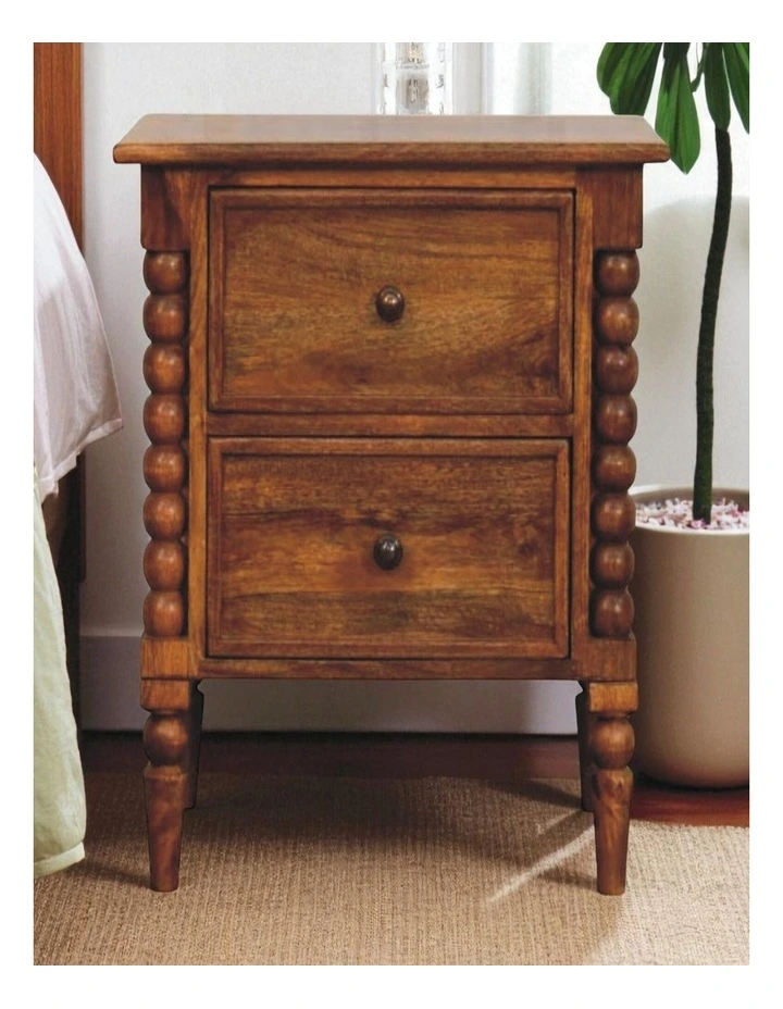 Solid Wood Spindle Leg Nightstand 2 Drawers in Brown image 2