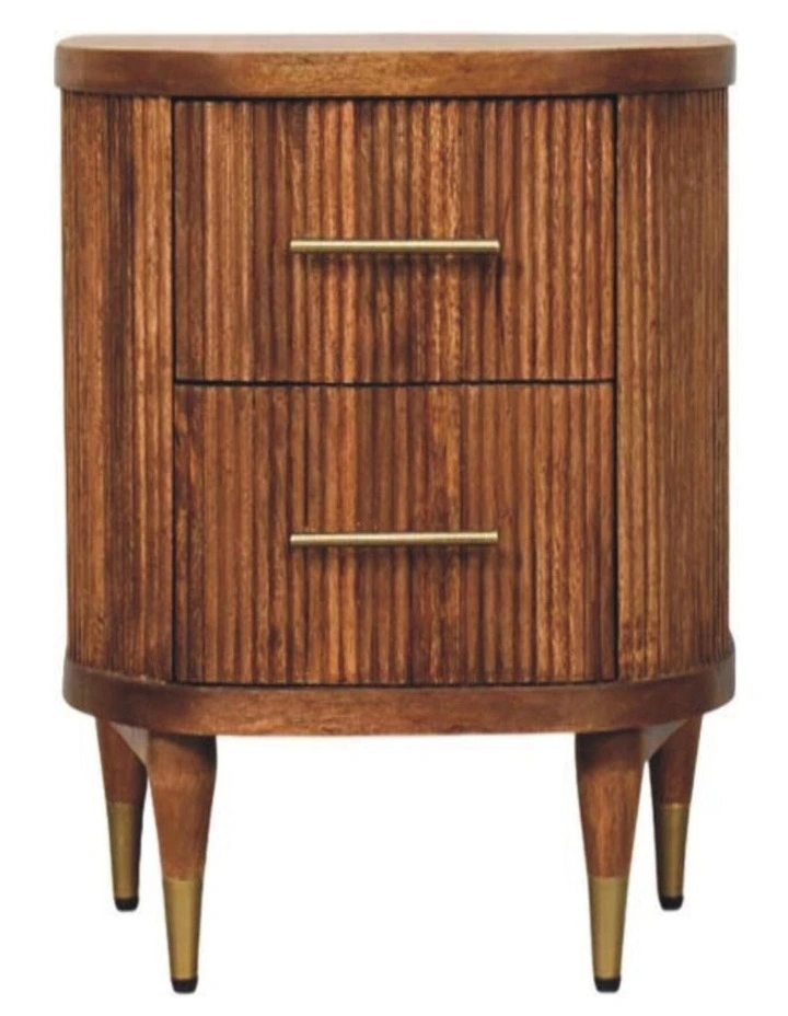 Artisan Furniture Solid Wood Ribbed Bedside with Brass Accents, 2 Drawers, Brown image 1