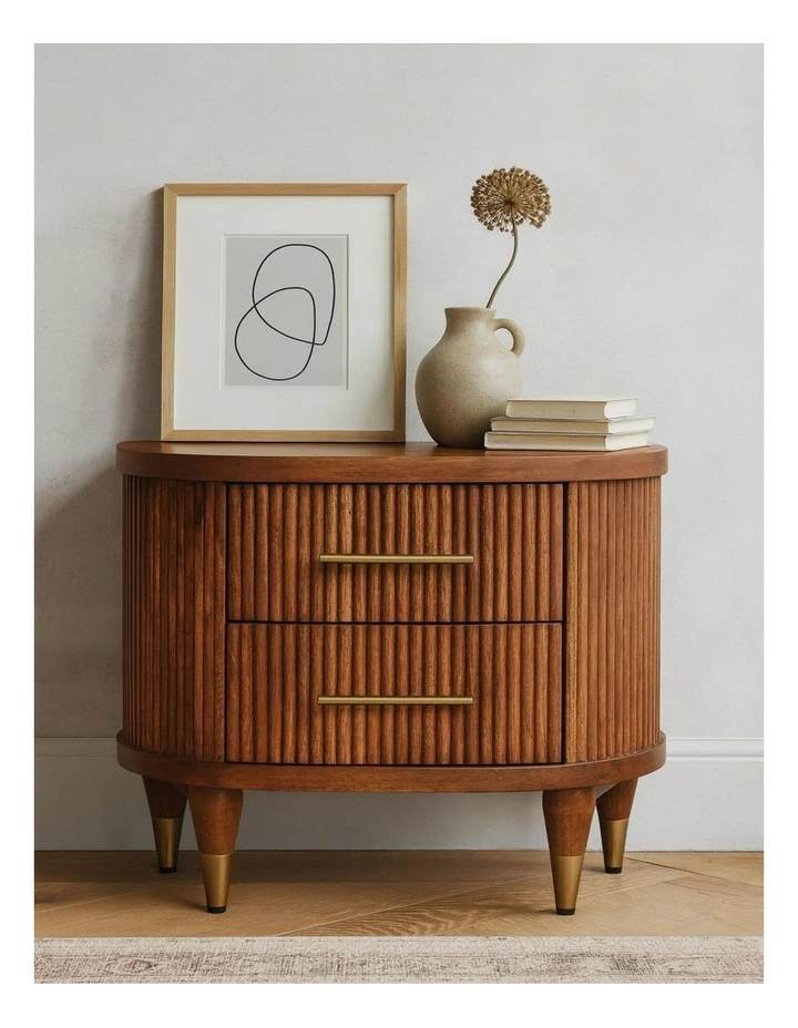 Artisan Furniture Solid Wood Ribbed Bedside with Brass Accents, 2 Drawers, Brown image 2