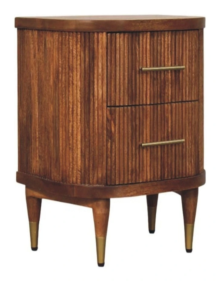 Artisan Furniture Solid Wood Ribbed Bedside with Brass Accents, 2 Drawers, Brown image 3
