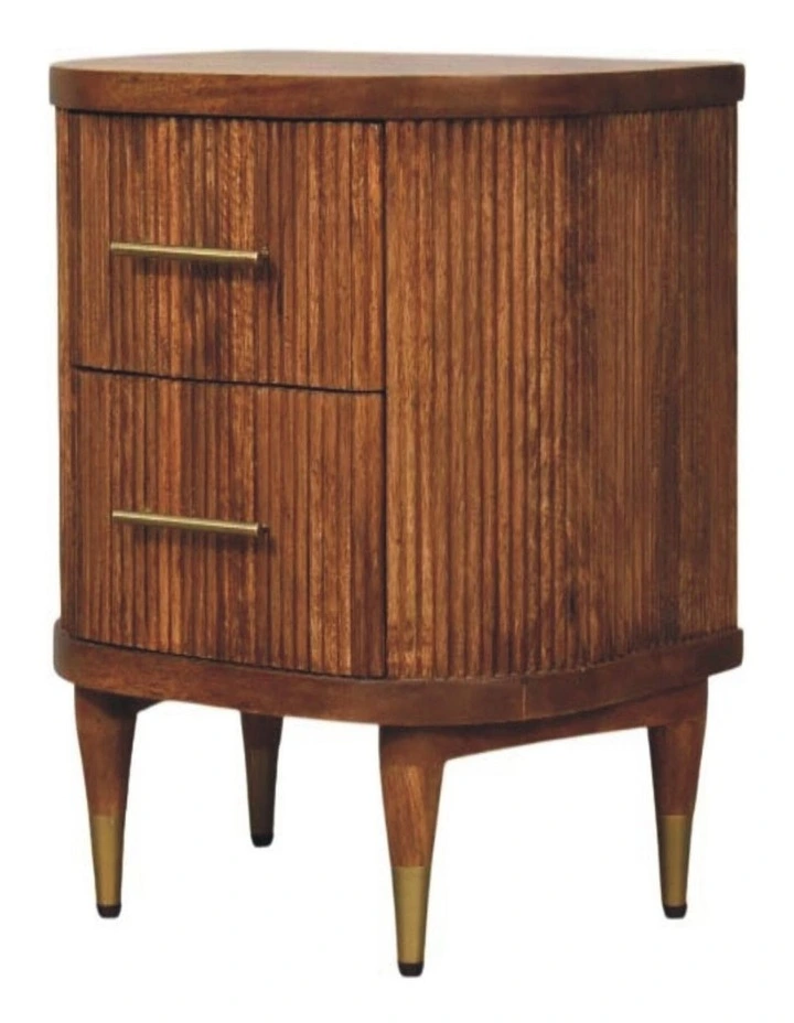 Artisan Furniture Solid Wood Ribbed Bedside with Brass Accents, 2 Drawers, Brown image 4