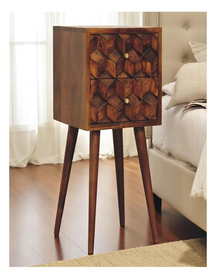 Artisan Furniture Solid Wood Mini Chestnut Cube 2 Drawer Bedside, Brown image 2