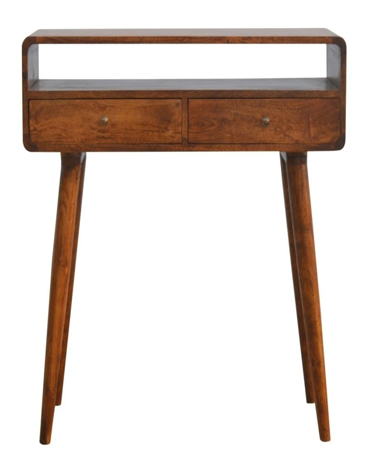 Solid Wood Curved Console Table 2 Drawers 1 Open Slot in Dark Brown image 1
