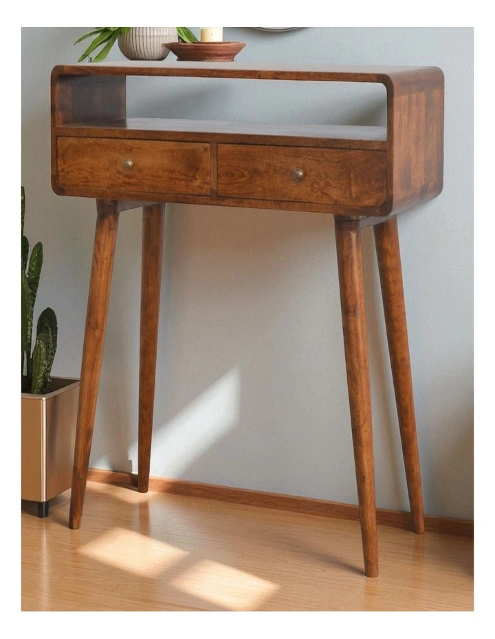 Solid Wood Curved Console Table 2 Drawers 1 Open Slot in Dark Brown image 2