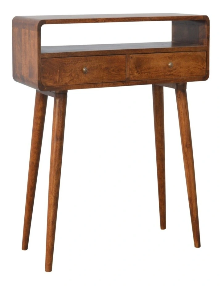 Solid Wood Curved Console Table 2 Drawers 1 Open Slot in Dark Brown image 3