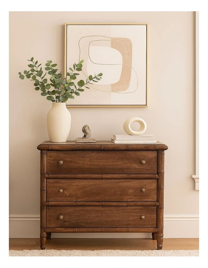 Solid Wood Carved 3-Drawer Chest Table in Brown image 2