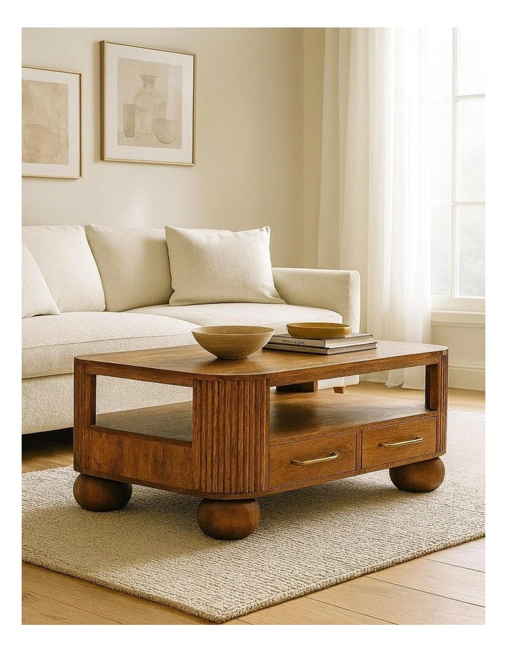 Solid Wood Briarwood Fluted Coffee Table in Brown image 2