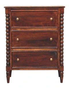 Solid Wood Spindle Winewood Chest, 3 Drawers in Brown