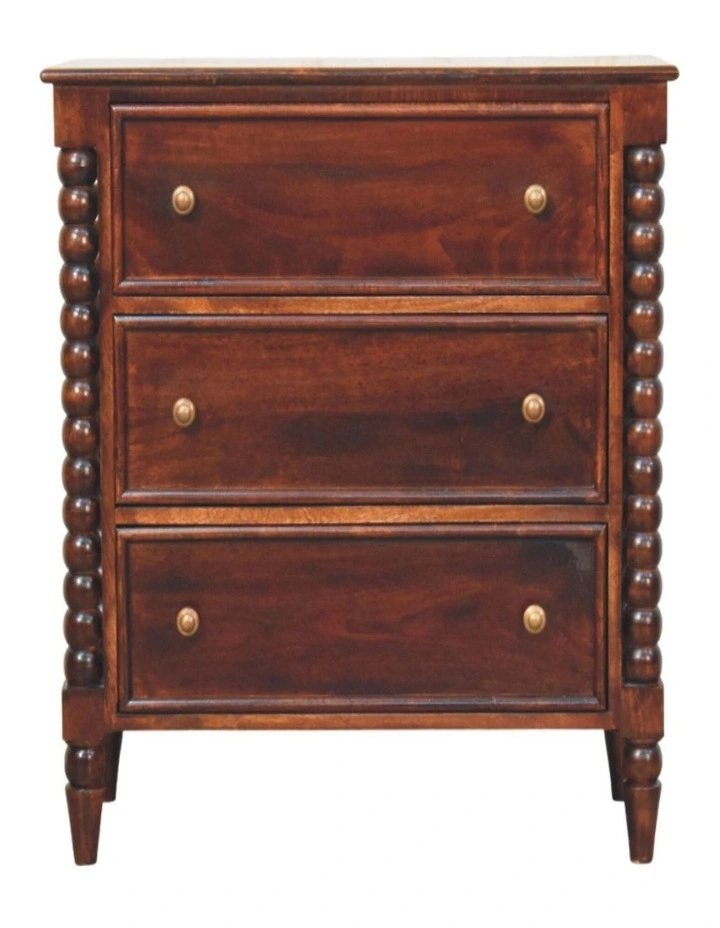 Solid Wood Spindle Winewood Chest, 3 Drawers in Brown image 1