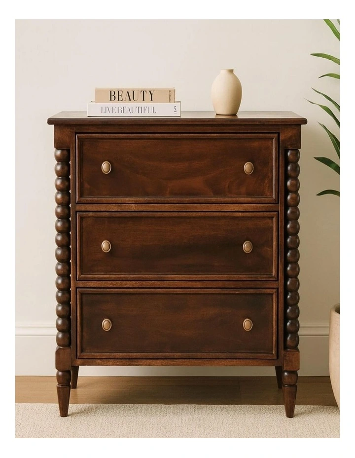 Solid Wood Spindle Winewood Chest, 3 Drawers in Brown image 2