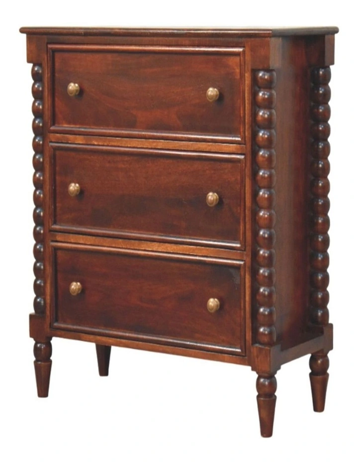 Solid Wood Spindle Winewood Chest, 3 Drawers in Brown image 3