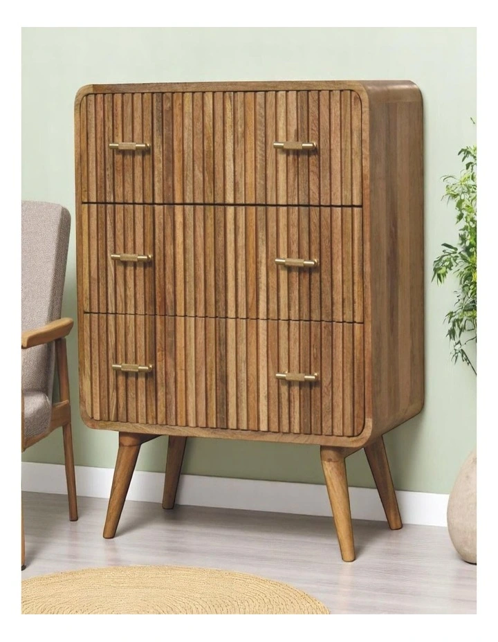 Solid Wood T-Bar Ridged Chest 3 Drawers in Brown image 2