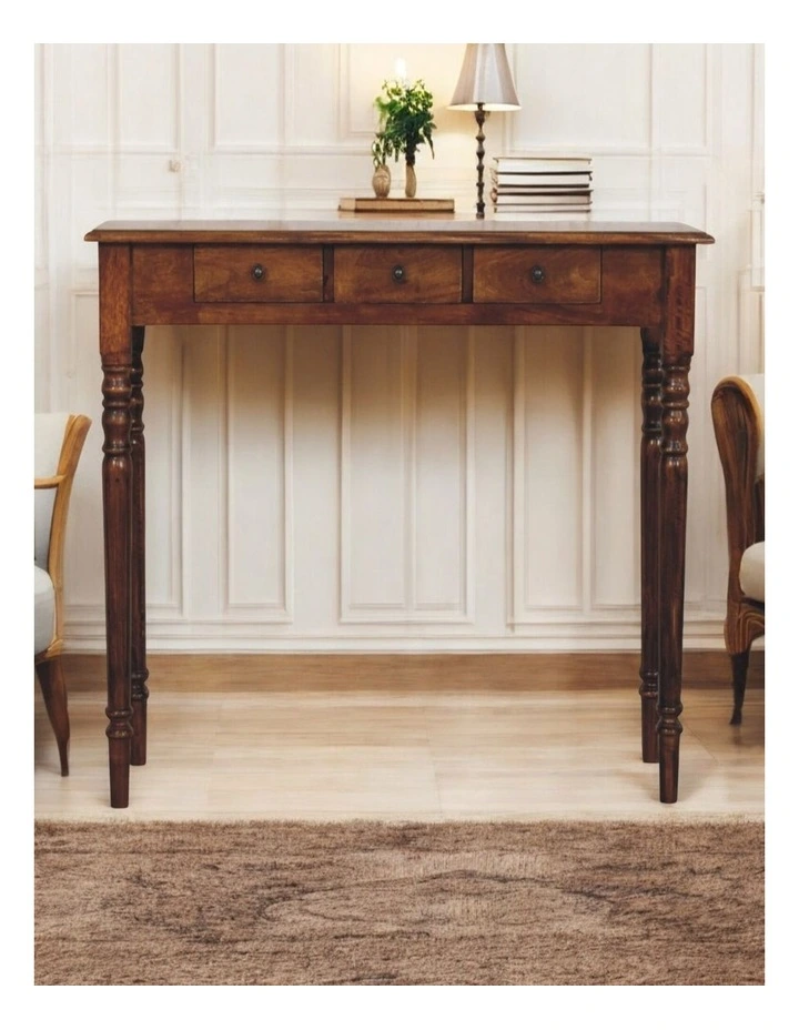Solid Wood Turned Legs Console Table 3 Drawers in Dark Brown image 2
