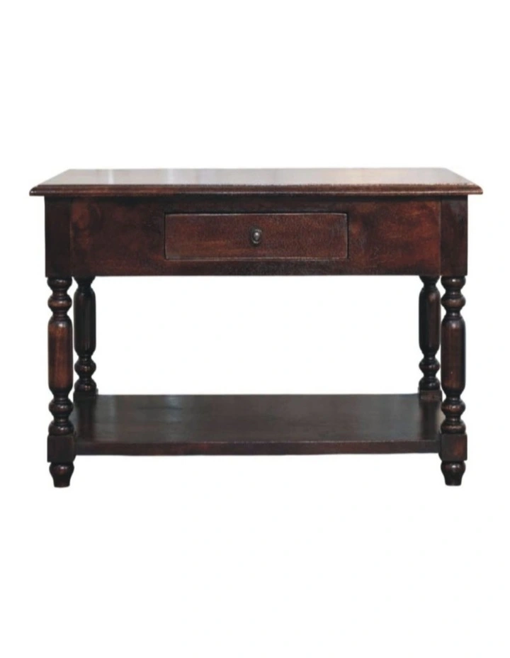 Solid Wood Turned Legs Cherry Console 2 Drawers Table in Dark Brown image 1