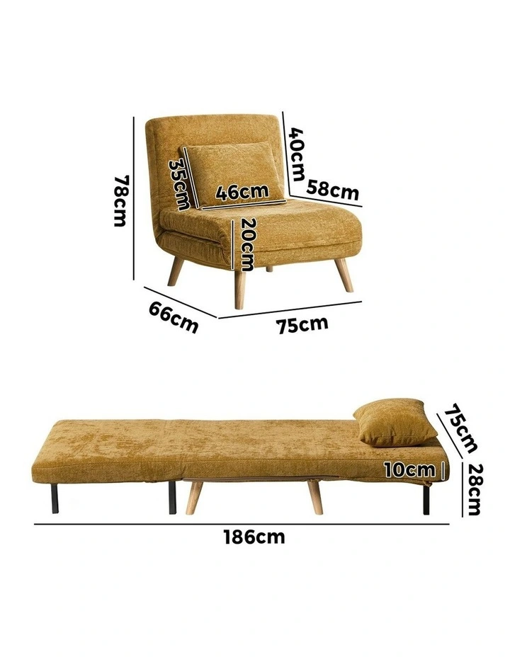 Oikiture Folding Sofa Bed Lounge Chair Chenille Recliner Single Seat Yellow image 3