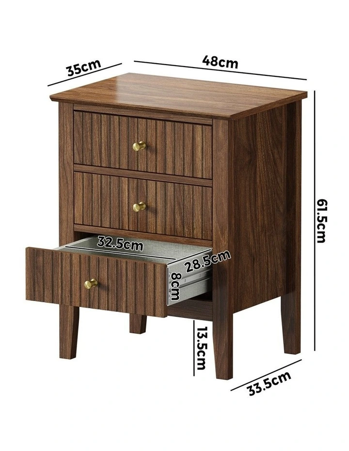 Oikiture Bedside Table 3 Drawers Side End Storage Furniture Nightstand Walnut image 3