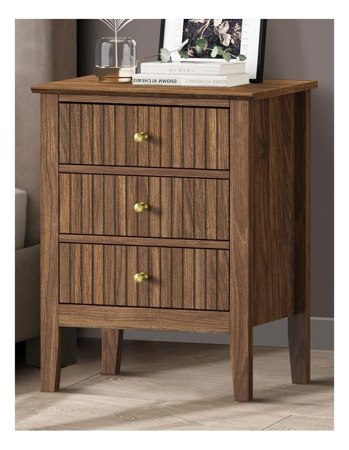 Oikiture Bedside Table 3 Drawers Side End Storage Furniture Nightstand Walnut image 4