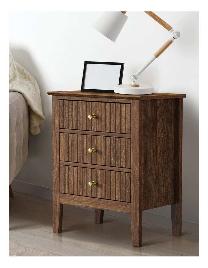Oikiture Bedside Table 3 Drawers Side End Storage Furniture Nightstand Walnut image 5