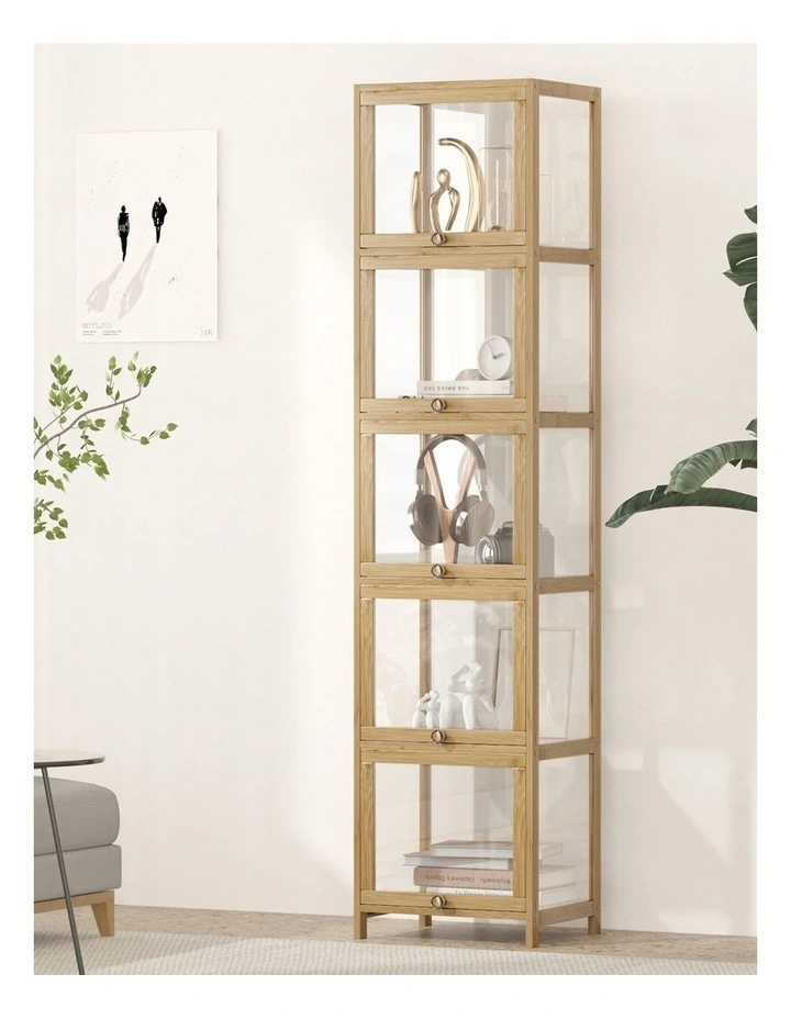 Oikiture Display Cabinet Slim Storage 5-Tier Shelves Clear Bookcase Rack Oak image 4